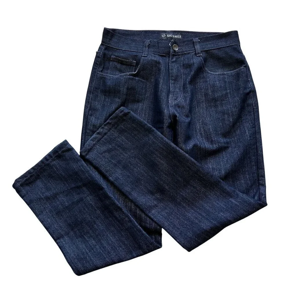 Vintage Y2K King Maker Mens 34x30 Dark Denim Jeans Embroidered Pockets Hip Hop